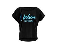 WINSHAPE Damen Ultra leichtes Modal-Kurzarmshirt MCT002 mit I Believe in Chocolate” Glitzer-Aufdruck, Dance Style Schwarz-neon-blau-glitzer M