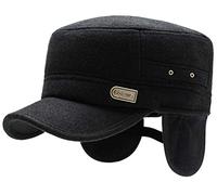 Winter Baumwolle Baseballmütze Flache Kappe mit Ohrenklappen Wintermütze mit Ohrenschutz Verstellbar Baseballcap Schweißband Wintercap Schirmmütze Gehörschutz Mützen für Männer Herren Damen Schwarz