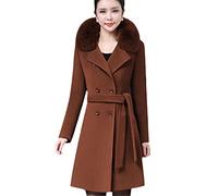 Winter Damen Wollmantel Pelzkragen Lange Wollmischungen Mantel Mode Zweireiher Gürtel Female Oberbekleidung, Karamellfarben, 38