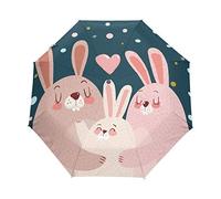 Winter Rosa Hase Familienherz Regenschirm Taschenschirm Auf-Zu Automatik Schirme Winddicht Leicht Kompakt UV-Schutz Reise Schirm für Jungen Mädchen Strand Frauen