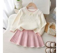 Winter-Strickset für Kleine Mädchen, 2-teilig, süßer Pullover mit Schleife und Faltenrock-Outfit für kleine Mädchen