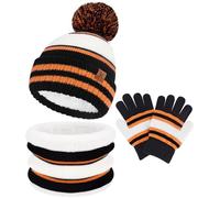 Winter Warm Kinder Mütze Handschuhe Loop Schal Set 2-7 Jahre Jungen Mädchen Bommel Beanie Strickmütze Wintermütze Winterhandschuhe Strickhandschuhe Schlauchschal mit Fleecefutter Geschenk, Schwarz