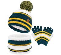Winter Warm Kinder Mütze Handschuhe Loop Schal Set 2-7 Jahre Jungen Mädchen Bommel Beanie Strickmütze Wintermütze Winterhandschuhe Strickhandschuhe Schlauchschal mit Fleecefutter Geschenk, Armeegrün