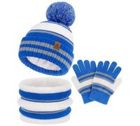 Winter Warm Kinder Mütze Handschuhe Loop Schal Set 2-7 Jahre Jungen Mädchen Bommel Beanie Strickmütze Wintermütze Winterhandschuhe Strickhandschuhe Schlauchschal mit Fleecefutter Geschenk, Blau