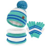 Winter Warm Kinder Mütze Handschuhe Loop Schal Set 2-7 Jahre Jungen Mädchen Bommel Beanie Strickmütze Wintermütze Winterhandschuhe Strickhandschuhe Schlauchschal mit Fleecefutter Geschenk, Seeblau