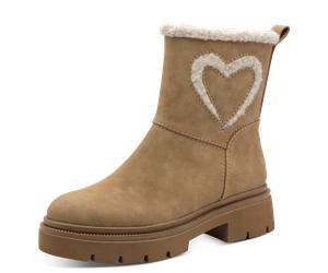 Winterboots MARCO TOZZI, Damen, Gr. 41, beige, Lederimitat, used, Basic, Schuhe Winterboots, Blockabsatz, Stiefelette mit Teddy-Herzapplikation an der Seite (41664930-41) beige