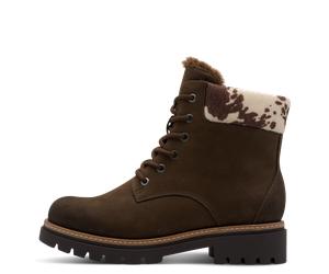 Winterboots MARCO TOZZI, Damen, Gr. 41, braun (dunkelbraun), Nubuklederimitat, unifarben mit Farbeinsatz, Schuhe Winterboots, Blockabsatz, Schnürboots mit Kontrastbesatz mit Kuhmuster (86355224-41) du