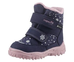 Winterboots SUPERFIT "HUSKY1, WMS: mittel", Mädchen, Gr. 25, blau (dunkelblau, rosa schneeflocken), Lederimitat, Textil, Schuhe Winterboots, Snowboots mit wasserdichtem GORE TEX, Größenschablone zum D