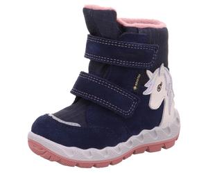 Winterboots SUPERFIT "ICEBIRD WMS: Weit", Mädchen, Gr. 26, bunt (dunkelblau, rosa einhorn), Nappaleder, Polyester, Polyurethan, Veloursleder, Schuhe Winterboots, Snowboots mit Einhorn Motiv, Größensch