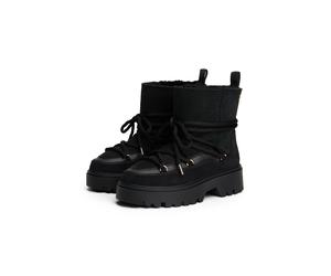 Winterboots TOMMY HILFIGER "REAL SHEARLING LACEUP SNOWBOOT", Damen, Gr. 39, schwarz, Lederimitat, Veloursleder, unifarben, Schuhe Winterboots, Blockabsatz, Plateau, Schnürboots mit aufgesetzter Schnür