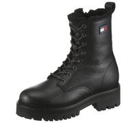 Winterboots TOMMY JEANS "TJW URBAN LACEUP BOOT WL", Damen, Gr. 41, schwarz, Leder, unifarben, Schuhe Winterboots, Blockabsatz, Schnürboots, Stiefelette mit praktischer Anziehlasche (97450315-41) schwa