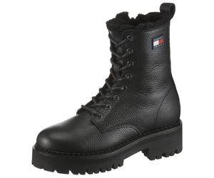 Winterboots TOMMY JEANS "TJW URBAN LACEUP BOOT WL", Damen, Gr. 41, schwarz, Leder, unifarben, Schuhe Winterboots, Blockabsatz, Schnürboots, Stiefelette mit praktischer Anziehlasche (97450315-41) schwa