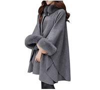 Winterjacke Damen Mantel Lang Umhang Wollmantel Jacke mit Pelzkragen Winter Warm Cardigan Fleecejacke Elegant Wintermantel Lose Outwear Cape Winddichte Strick Wolle Mantel Decke Kap Cardigan Coat