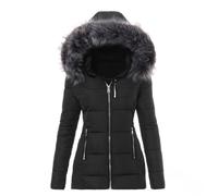 Winterjacken Damendamen Winter Daunenmantel Lang mit Kapuze Fellbesatz Taillierter Schnitt Wasserdicht Reißverschluss Taschen Warme Outdoorjacke M Black