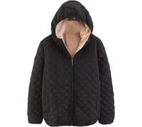 Winterjacken für Damen, Fleece-gefütterte Jacke, Reißverschluss, warm, gepolstert, gesteppt, langärmelig, Kapuzenmantel, verdickte Hoodies, Oberbekleidung mit Kapuze und Taschen, Schwarz , L