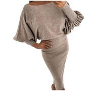 Winterkleid Damen Christmas Dress Partykleid Damen Glitzer&I3 Strick Fledermaus ÄRmel Rundhals Maxi Ballkleid Sexy Slim Fit Etuikleid Party Einfarbig Midikleid Khaki S