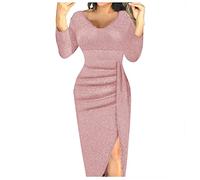 Winterkleid Damen Langarm Kleid Damen Strickkleid Damen Only&I3 Sexy Pailletten Split V-Ausschnitt Midi Kleid Hohe Taille Enge Ballkleid Elegant Langarm Minikleider Rosa XL
