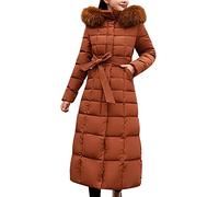 Wintermantel für Damen, lang, mit Schleife, eleganter Maximantel mit flauschigem Kragen, einfarbig, mit Kapuze, Schnürung, Kunstwolljacke mit Tasche, langärmelig, Outdoor, gepolsterte Jacken, B, 38