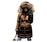 Wintermantel für Damen, Taillen-Kollektion, lang, großer Wollkragen, mit Kapuze, heller Mantel, Farbe: Khaki, X-Large