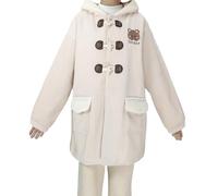 Wintermantel für Teenager, Fleece, niedlich, Wolle, Kawaii-Bär-Stickerei, Hornknopf, Kapuzenjacke, lässiger Dufflecoat, Oberbekleidung, Pink, L