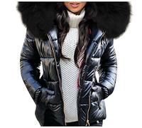 Wintermantel Glänzende Winter Steppjacke Daunenmantel mit Pelzkragen Warm Puffer Jacke Frauen Kurz Parka Outdoor Mehrere Farben S Black