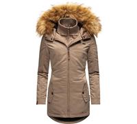 Wintermantel MARIKOO "Sanakoo" Gr. S (36), grau (taupe) Damen Mäntel Wintermäntel schicker Kurzmantel mit Kunstfellkapuze (92596746-S)