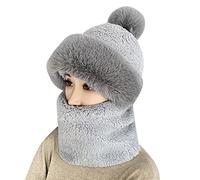 Wintermütze Mütze mit Mundschutz Damen, Winddichter Mützenschal Balaclava Mütze Damen Winter Warme Gestrickte Beanie Chunky Kabel Strickmütze mit Pompom Fleecefutter Dicke Bommelmütze für Frauen