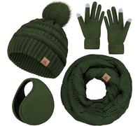 Wintermütze, Schal, Handschuhe und Ohrenwärmer, warme Strickmütze, Touchscreen-Handschuhe, Set, Wintergeschenke, Halstücher für Damen, Grün (Army Green), 13*10.23 inch
