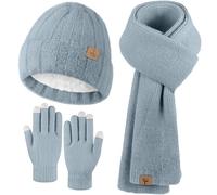 Wintermütze, Schal, Handschuhe, warme Fleece-Strickmütze, Langer Schal, Nackenwärmer, Touchscreen, Winterhandschuhe, Set, Geschenke für Frauen, Hell, blau, 5 1/8-7 7/8