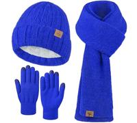 Wintermütze, Schal, Handschuhe, warme Fleece-Strickmütze, langer Schal, Nackenwärmer, Touchscreen, Winterhandschuhe, Set, Geschenke für Frauen, Königsblau, 5 1/8-7 7/8