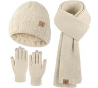 Wintermütze, Schal, Handschuhe, warme Fleece-Strickmütze, Langer Schal, Nackenwärmer, Touchscreen, Winterhandschuhe, Set, Geschenke für Frauen, Haferflocken (Oatmeal), 5 1/8-7 7/8