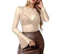 Winterparka Damen Oberteile in Übergröße für Damen, langärmelig, durchsichtige Netzbluse mit Strass, lässig, lockere Passform, Tunika-Shirt, Sommermode (Light Yellow, L)