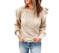 Winterpulli Damen Damen Casual Pullover Rundhalsausschnitt Rüschen Schulter Langarm Zopfmuster Solide Lose Gerippter Saum Pullover Pullover Top Hoodie Weste (Beige, L)