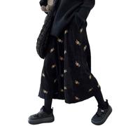 Winterrock Damen Knielang Cordrock Y2K mit Blumenstickerei lang dehnbar hohe Taille A-Linie Swing-Midirock Geeignet für Shopping Dating und Freizeit (Farbe 3,XXL)