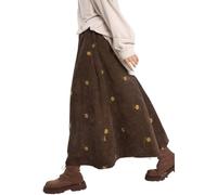 Winterrock Damen Knielang Cordrock Y2K mit Blumenstickerei lang dehnbar hohe Taille A-Linie Swing-Midirock Geeignet für Shopping Dating und Freizeit (Farbe 2,L)