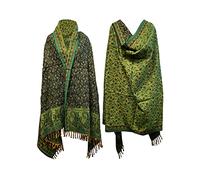 Winterschal mit Vintage-Blätterdruck, weich, warm, handgefertigt, luxuriös, Schal, Überwurf, Dekoration, Decke, Übergröße, wendbar, Winterschal, reine Yakwolle, Grün, Grün, OVERSIZED