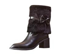 Winterstiefel Damen Plüsch Schlupfstiefel mit Blockabsatz Elegant Lederstiefel Weiter Schaft Plüschstiefel mit Bogen Spitzer Halbhoch Stiefeletten Winter Bequem Freizeitstiefel Halbstiefel (Black, 40)