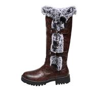 Winterstiefel für Damen, Leder, mit runder Spitze, niedriger Absatz, Stiefel, halbhoch, Schneestiefel, Kunstfell, Schnalle, Retro, elegant, rutschfeste Sohle, schick, für Herbst und Winter, coffee, 36