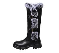 Winterstiefel für Damen, Leder, mit runder Spitze, niedriger Absatz, Stiefel, halbhoch, Schneestiefel, Kunstfell, Schnalle, Retro, elegant, rutschfeste Sohle, schick, für Herbst und Winter, Schwarz