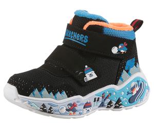 Winterstiefel SKECHERS "PLAY SCENE", Damen, Gr. 21, schwarz (schwarz, multi), Lederimitat, Textil, kontrastfarbene Details, Schuhe Winterstiefel, Klettboots mit Warmfutter, Größenschablone zum Downloa