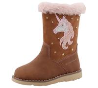 Winterstiefel TOM TAILOR "Blinkschuh", Damen, Gr. 26, braun (cognac), Lederimitat, Textil, Glitzer, Schuhe Winterstiefel, Langschafttstiefel, Kinderstiefel mit blinkendem Einhornmotiv (45347258-26) co
