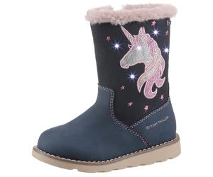 Winterstiefel TOM TAILOR "Blinkschuh", Damen, Gr. 28, blau (dunkelblau), Lederimitat, Textil, Glitzer, Schuhe Winterstiefel, Langschafttstiefel, Kinderstiefel mit blinkendem Einhornmotiv (31997047-28)