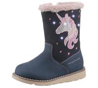 Winterstiefel TOM TAILOR "Blinkschuh", Damen, Gr. 33, blau (dunkelblau), Lederimitat, Textil, Glitzer, Schuhe Winterstiefel, Langschafttstiefel, Kinderstiefel mit blinkendem Einhornmotiv (31997047-33)