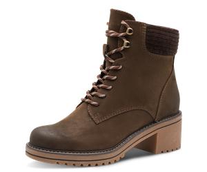 Winterstiefelette MARCO TOZZI, Damen, Gr. 36, braun (dunkelbraun), Nubuklederimitat, Textil, used, Schuhe Winterstiefelette, Blockabsatz, Schnürboots, Winterboots mit Haken im Bergsteigerlook (9851371