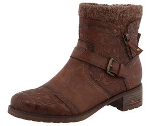 Winterstiefelette MUSTANG SHOES "Fabienne", Damen, Gr. 37, braun (cognac), Lederimitat, Textil, Basic, Schuhe Winterstiefelette, Biker Boots mit Blockabsatz und Zierriemchen (29779107-37) cognac