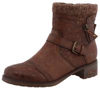 Winterstiefelette MUSTANG SHOES "Fabienne", Damen, Gr. 41, braun (cognac), Lederimitat, Textil, Basic, Schuhe Winterstiefelette, Biker Boots mit Blockabsatz und Zierriemchen (29779107-41) cognac