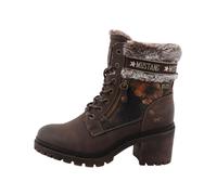 Winterstiefelette MUSTANG SHOES "Stiefel", Damen, Gr. 39, Warmfutter, dunkelbraun multi, Lederimitat, Textil, Schuhe Winterstiefelette, Blockabsatz, Schnürboots mit Fellimitat am Schaftrand (81446705-