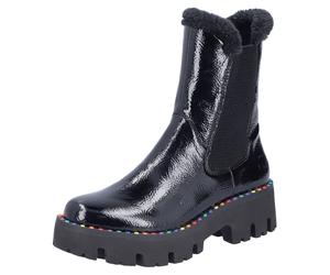 Winterstiefelette RIEKER, Damen, Gr. 39, schwarz, Lacklederimitat, Textil, glänzend, Schuhe Winterstiefelette, Plateauboots, Winterboots, Lack-Stiefelette mit buntem Sohlenrand (48591733-39) schwarz