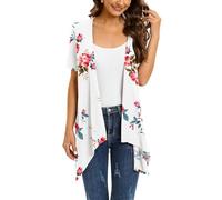 Wiwclo Lightweight Summer Short Sleeve Off White Floral Cardigan for Women Open Front Kimono Beach Cover Up with Pockets Jackets Top Drape Hem,3XL