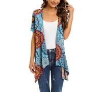 Wiwclo Short Sleeve Blue Floral Cardigan for Women Lightweight Summer Open Front Kimono Cardigans with Pockets Duster Jacket Top Drape Hem,2XL
